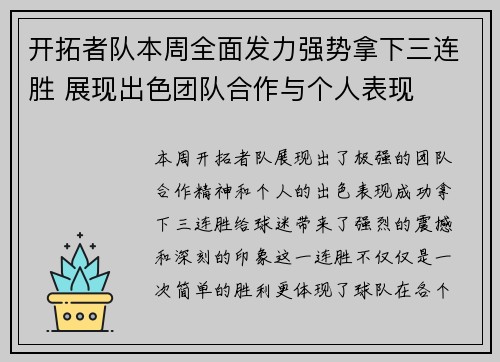 开拓者队本周全面发力强势拿下三连胜 展现出色团队合作与个人表现