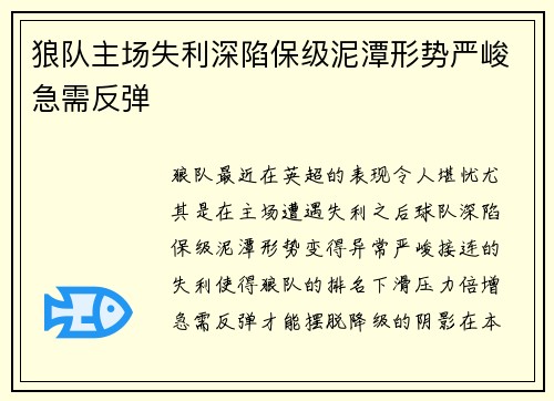 狼队主场失利深陷保级泥潭形势严峻急需反弹